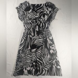 AB Studio Monochrome Zebra Pattern Fit & Flare V-Neck Short Sleeve Dress Size XL